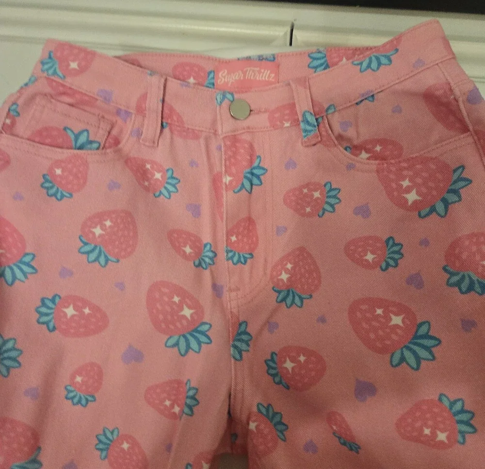 Sugar Thrillz Pink Strawberry Print Straight Leg Jeans - Picture 4 of 7